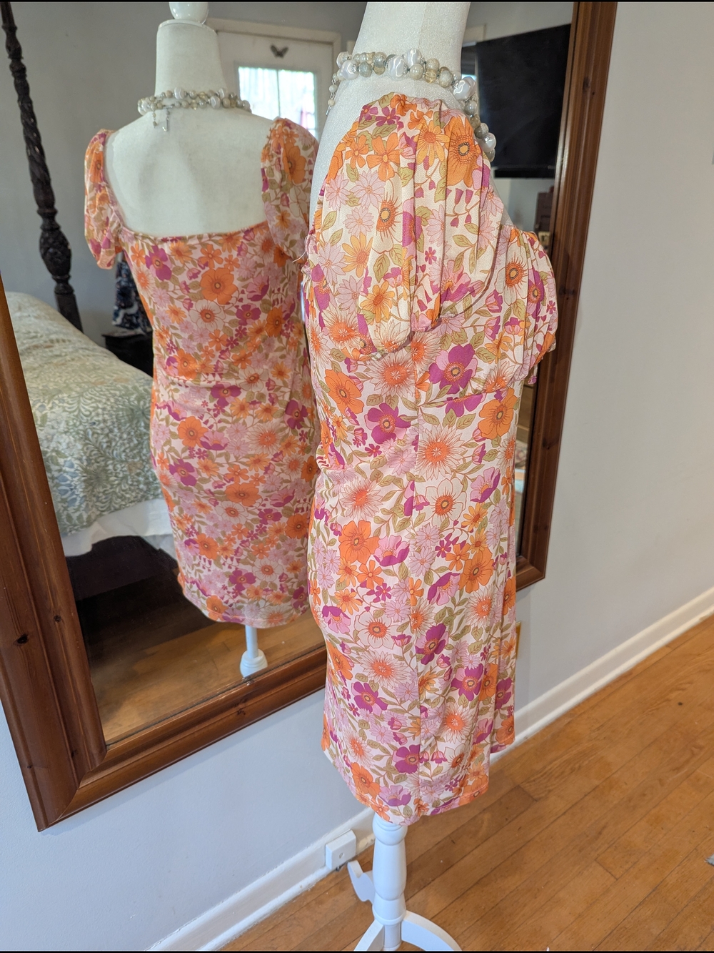 Primark Pink & Orange Floral Square-Neck Puff Sleeve Mini Dress - Picture 4 of 10